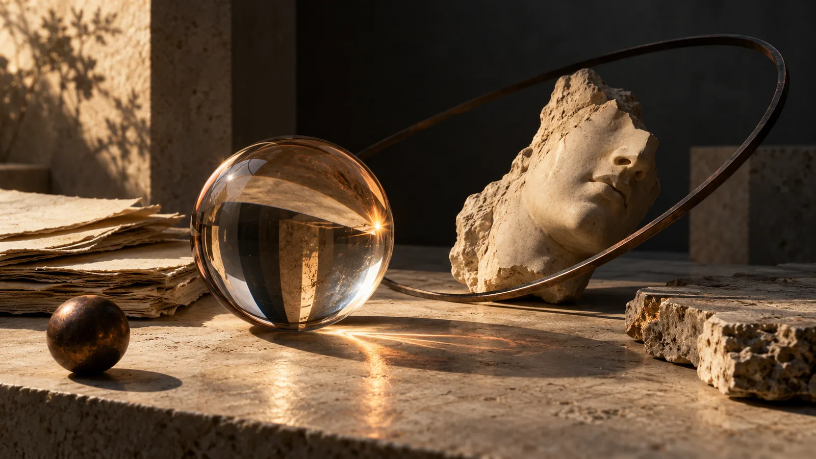 Still life of paper, writing materials and sculptural objects