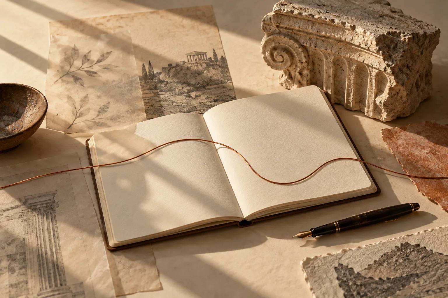 Still life of paper, writing materials and sculptural objects