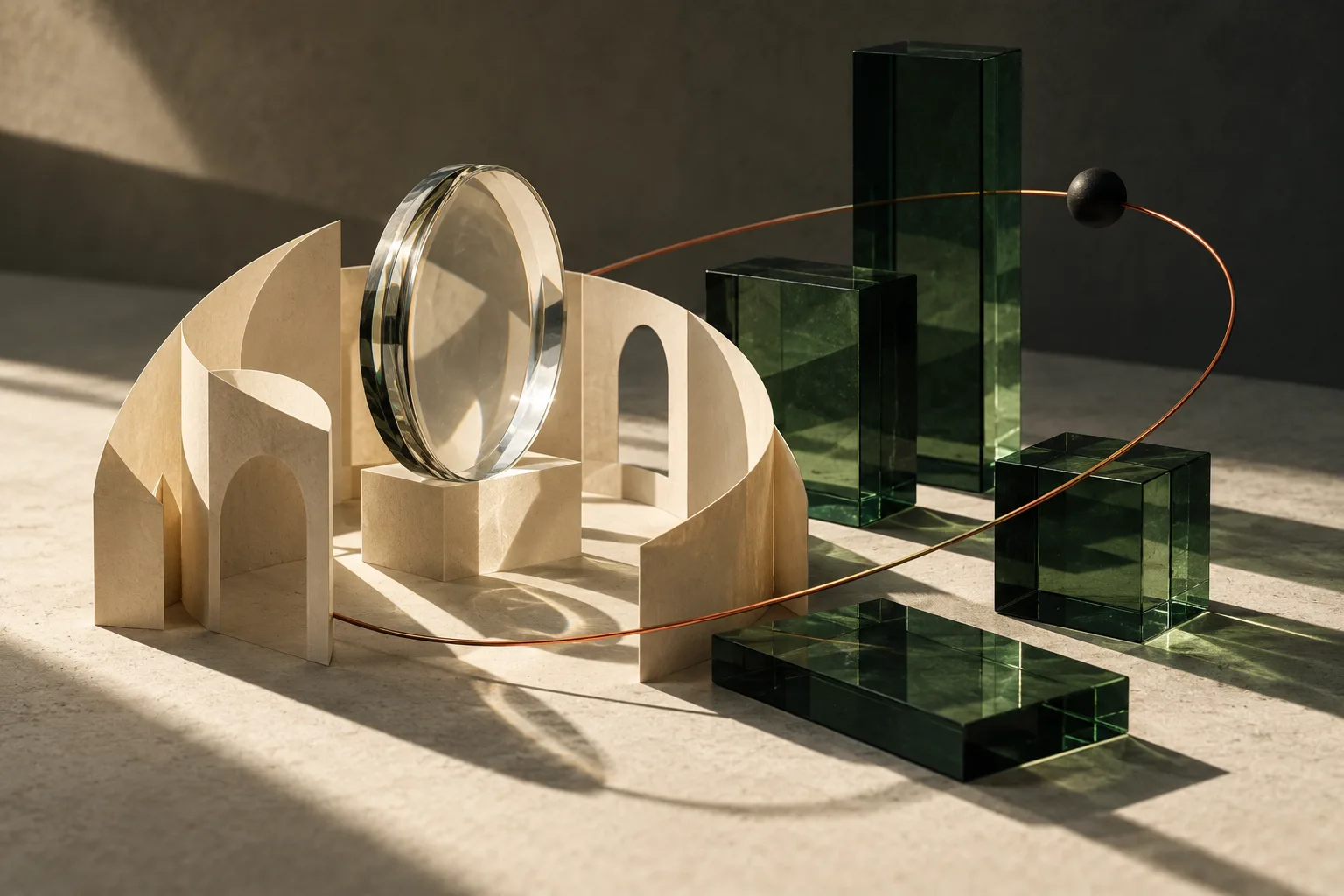 Still life with an optical lens, paper arches and green glass blocks