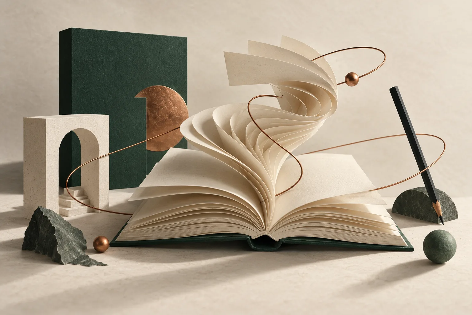 Sculpted book pages around a copper loop and a green book